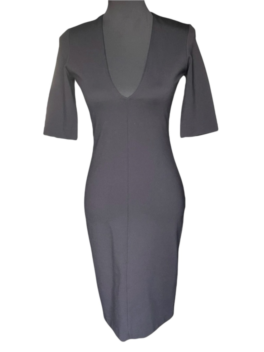 Aritzia Babaton Black V-Neck Elbow Sleeve Leon Midi Bodycon Dress (2)